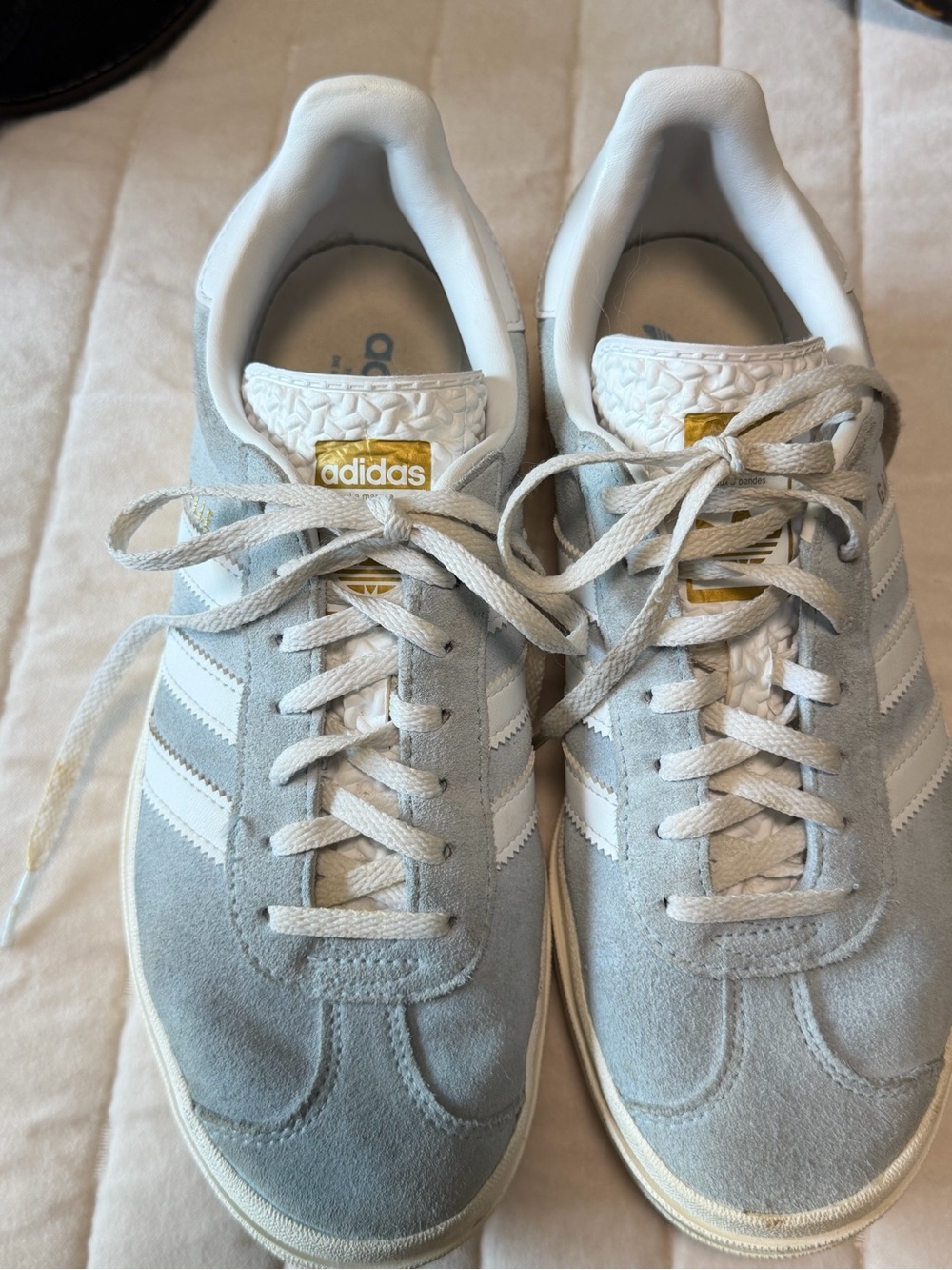 adidas Gazelle Suede Sneakers in Light Gray and White with Gold Accents